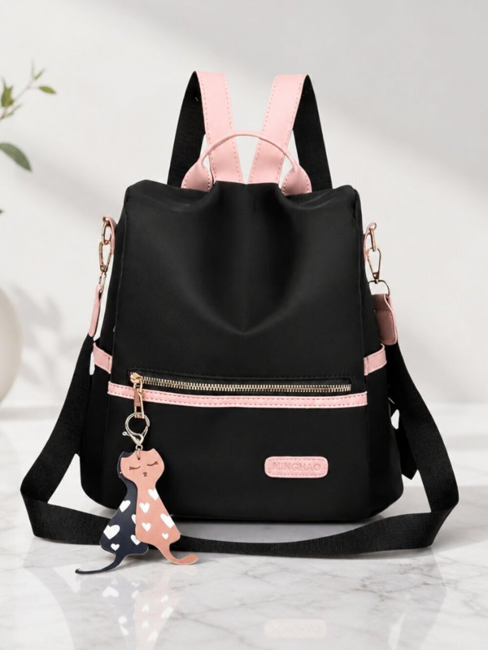Anti-Theft Convertible Oxford Nylon Backpack Black Pink Cat Charm 3-Way Carry